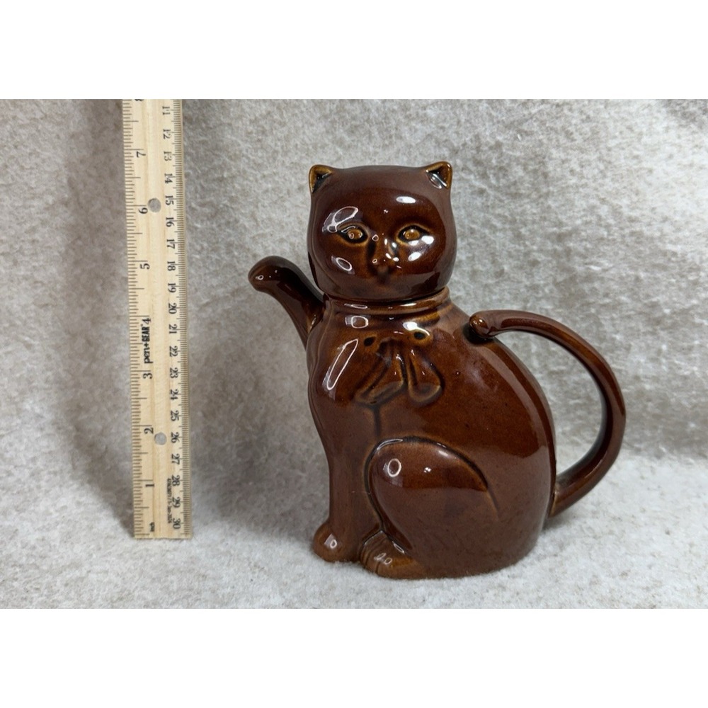 Vintage‎ Brown Cat Chinese Ceramic Tea Pot Glossy Glaze